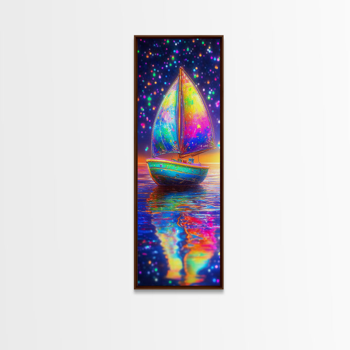 Rainbow Sailboat At Sunset Canvas Print, Colorful Coastal Wall Art, Nautical Ocean Decor, Beach House Gift, Modern Seascape