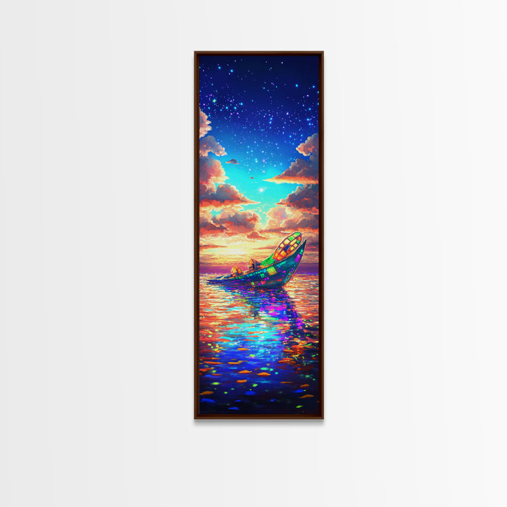 Glowing Rowboat Under Stars Canvas Print, Colorful Ocean Wall Art, Dreamy Seascape Decor, Coastal Gift, Fantasy Landscape