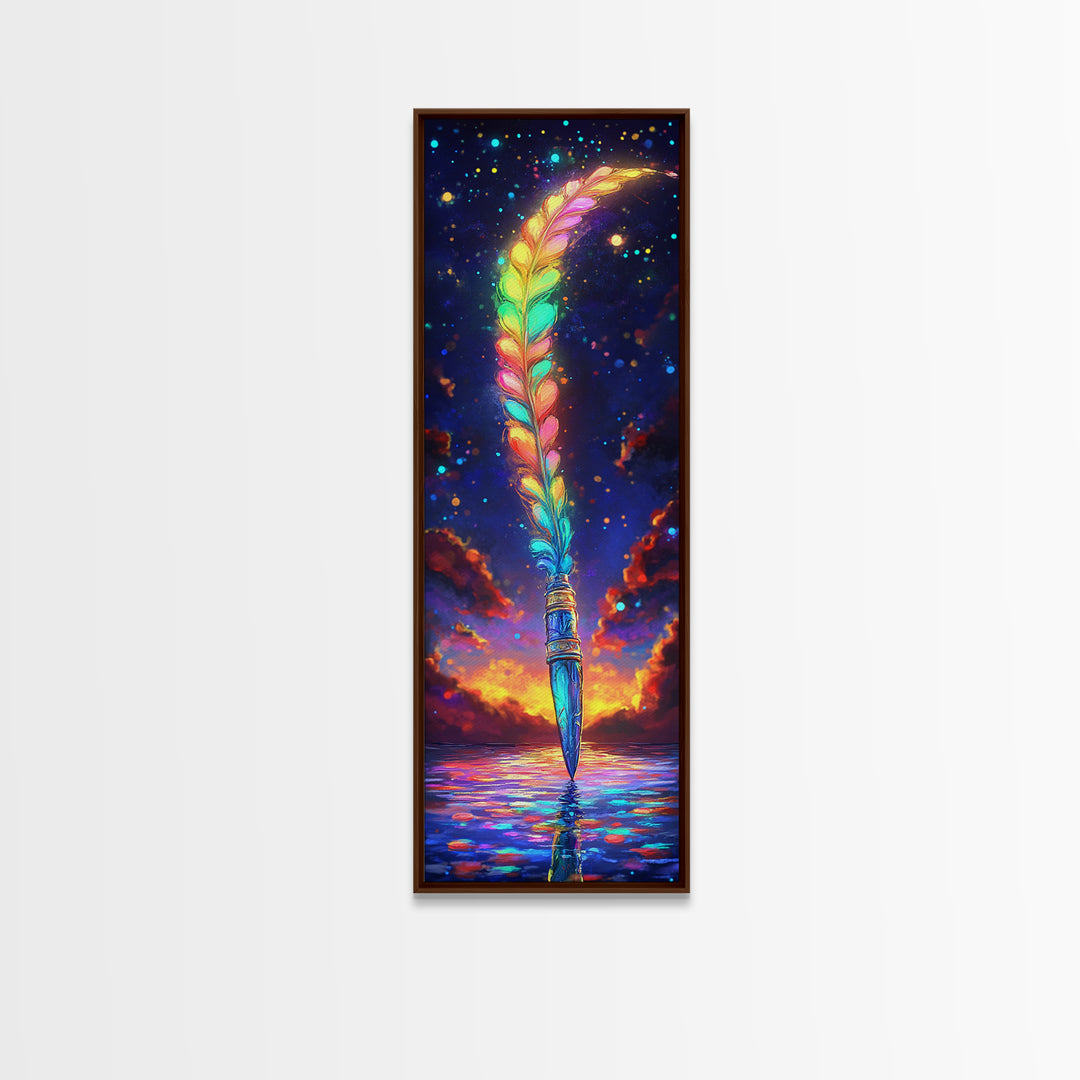 Rainbow Feather Quill Canvas Print, Celestial Wall Art, Whimsical Ocean Decor, Fantasy Writing Gift, Colorful Office Art