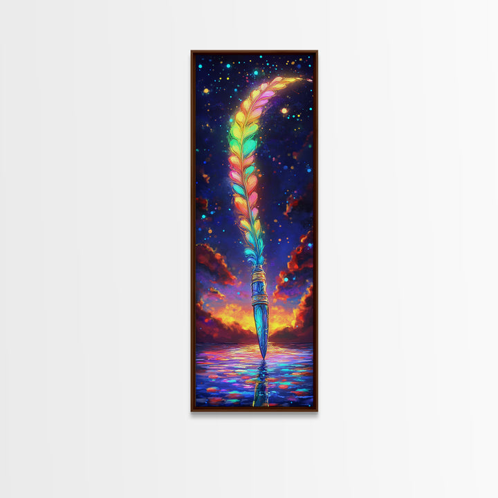 Rainbow Feather Quill Canvas Print, Celestial Wall Art, Whimsical Ocean Decor, Fantasy Writing Gift, Colorful Office Art