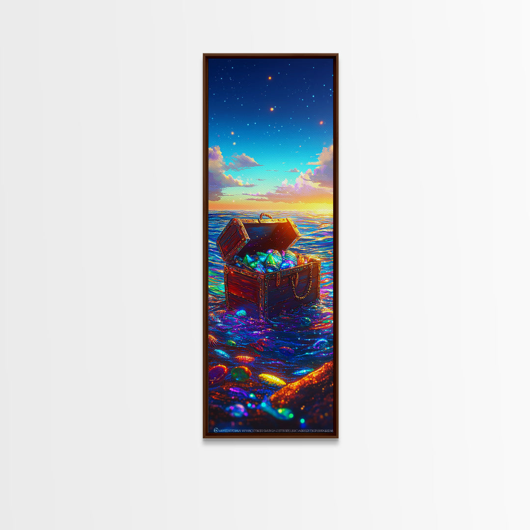 Glowing Treasure Chest At Ocean Sunset Canvas Print, Nautical Wall Art, Coastal Beach House Decor, Fantasy Sea Lover Gift