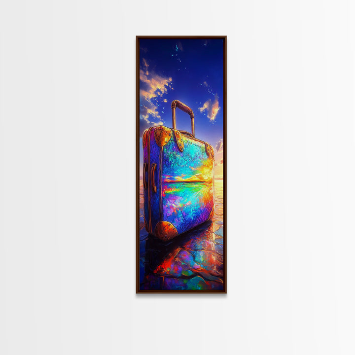 Rainbow Suitcase Reflecting Ocean Sunset Framed Canvas Print, Vibrant Travel Poster, Coastal Wall Decor For Wanderlust Gift