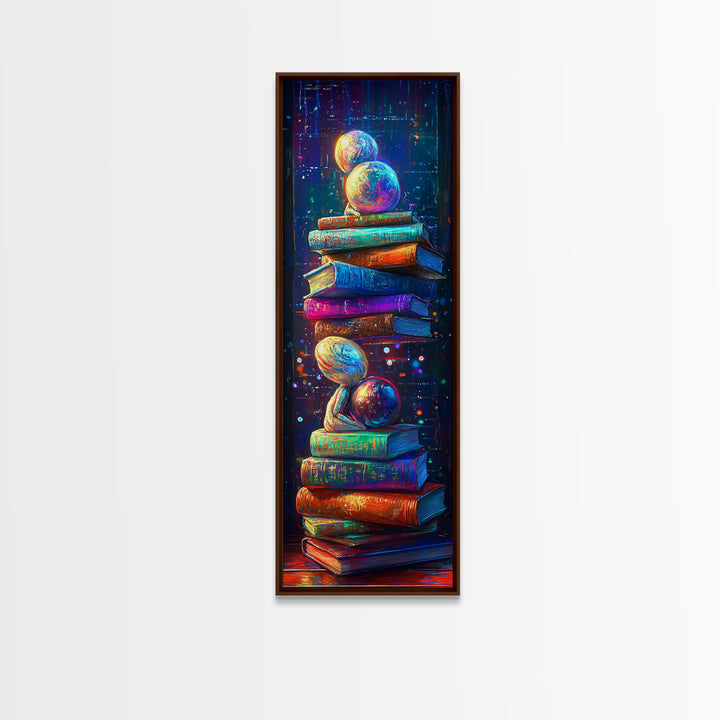Floating Planets Over Stacked Books Wall Art, Celestial Library Decor, Book Lover Gift, Colorful Fantasy Reading Nook Print