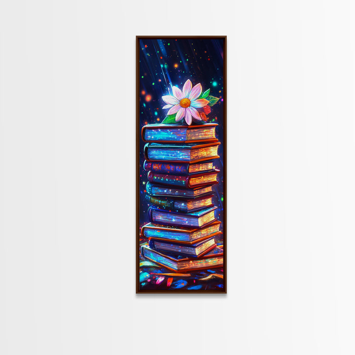 Glowing Stack Of Books With Daisy Canvas Print, Book Lover Wall Art, Cozy Library Decor, Reading Nook Art, Literary Gift
