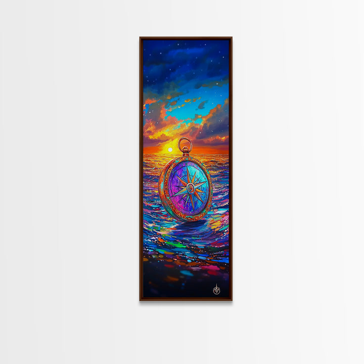 Vibrant Compass On Sunset Ocean Wall Art, Nautical Coastal Decor, Travel Poster, Seascape Art Print, Beach House Living Room Decor