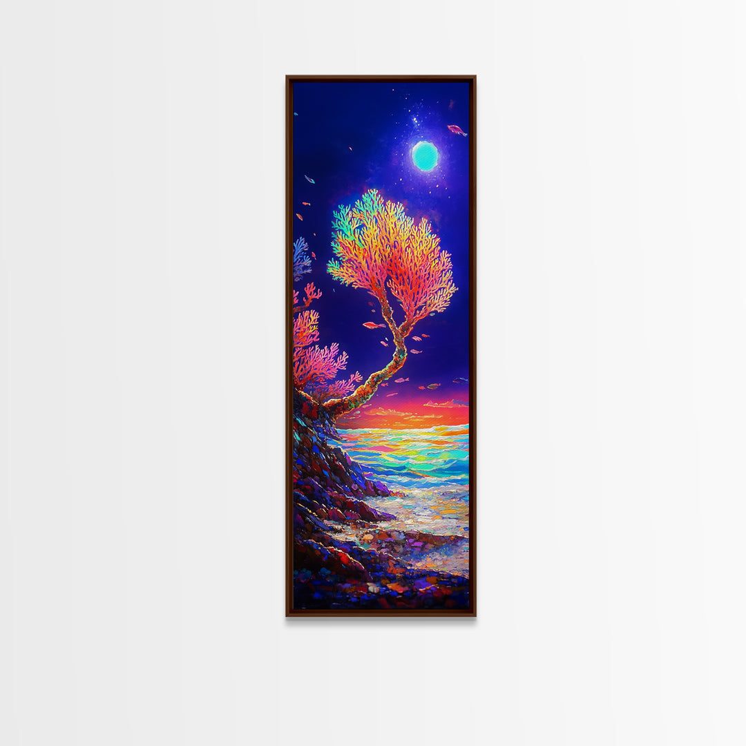 Moonlit Coral Tree By Ocean Canvas Print, Coastal Wall Art, Celestial Decor, Tropical Seascape, Beach House Living Room Decor