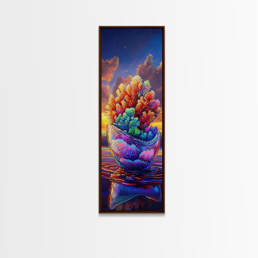 Rainbow Coral In Glass Bowl Framed Canvas Print, Marine Life Wall Art, Coastal Home Decor, Ocean Nursery Art, Sea Life Gift