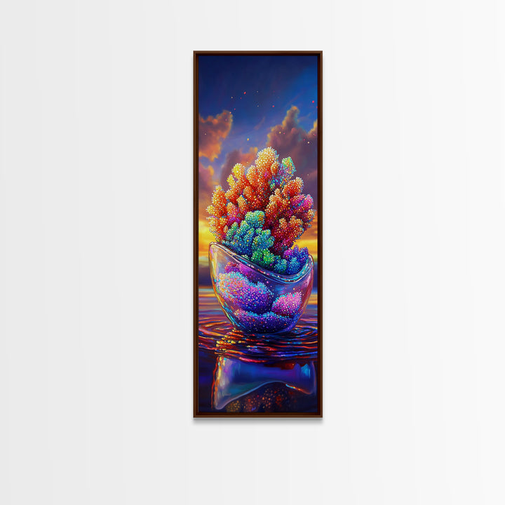 Rainbow Coral In Glass Bowl Framed Canvas Print, Marine Life Wall Art, Coastal Home Decor, Ocean Nursery Art, Sea Life Gift