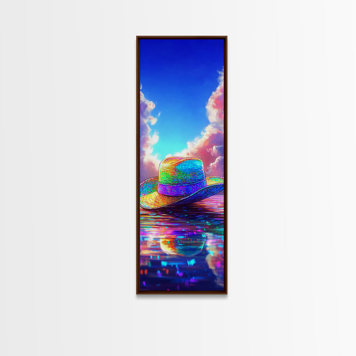 Rainbow Straw Cowboy Hat On Reflective Water Canvas Print, Western Wall Art, Coastal Cowgirl Decor, Colorful Summer Poster