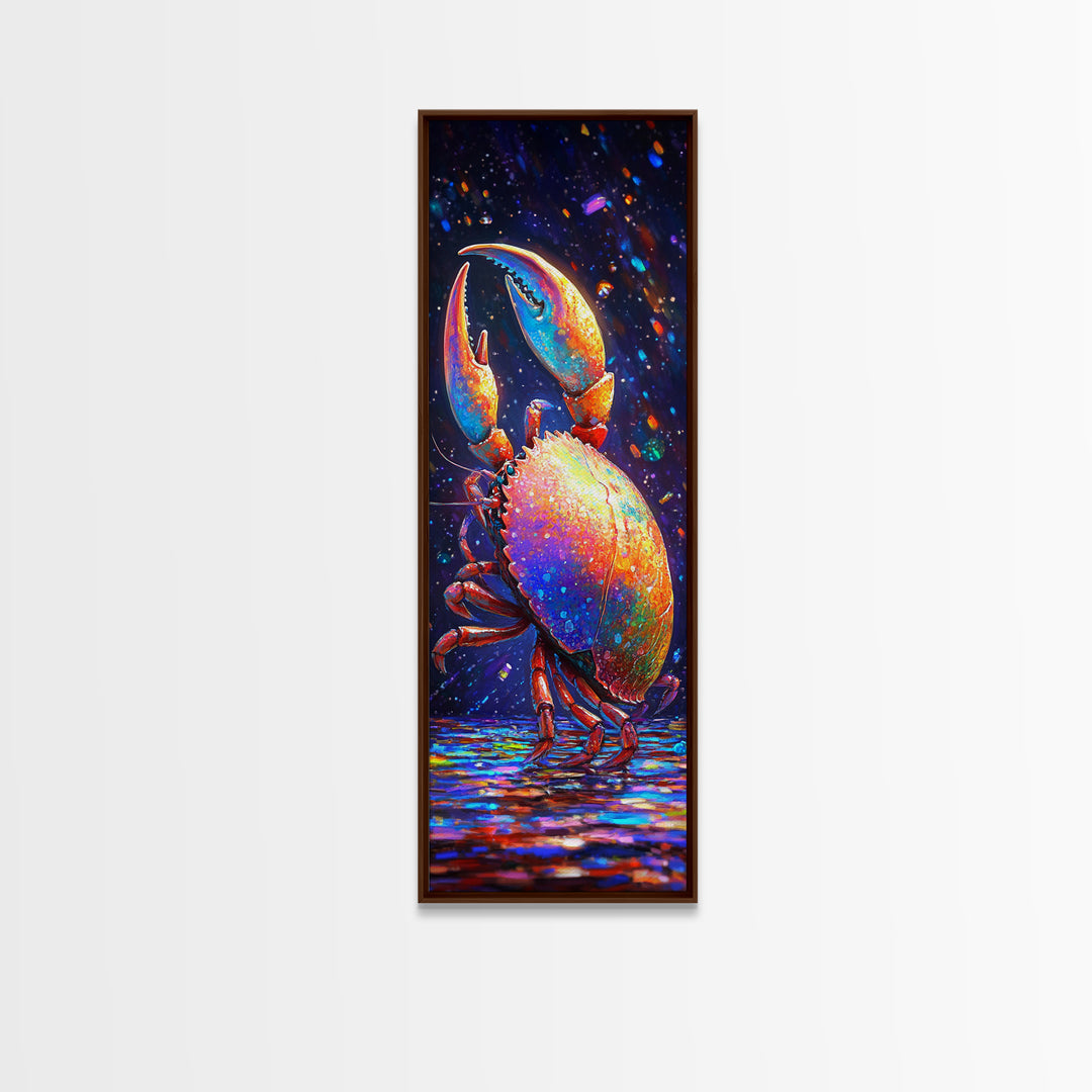 Vibrant Rainbow Crab With Raised Claw Canvas Print, Coastal Wall Art, Nautical Bathroom Decor, Colorful Ocean Animal Art