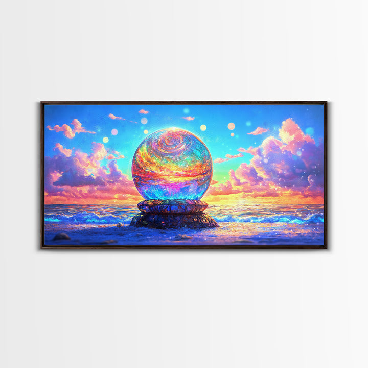 Glowing Crystal Orb By The Ocean Wall Art, Surreal Seascape Canvas Print, Coastal Decor, Celestial Art, Beach House Gift