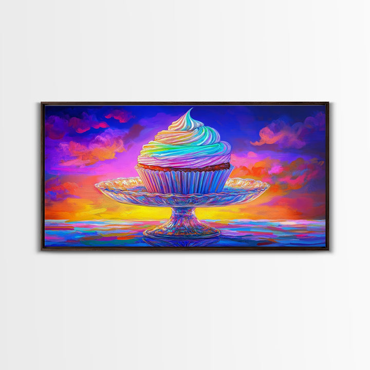 Rainbow Cupcake On Glass Stand Canvas Print, Whimsical Bakery Wall Art, Dessert Art, Kitchen Decor, Birthday Gift For Her