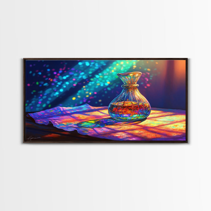 Amber Glass Perfume Bottle Wall Art, Rainbow Light Still Life Canvas Print, Elegant Bathroom Decor, Spa Wall Decor, Gift For Her