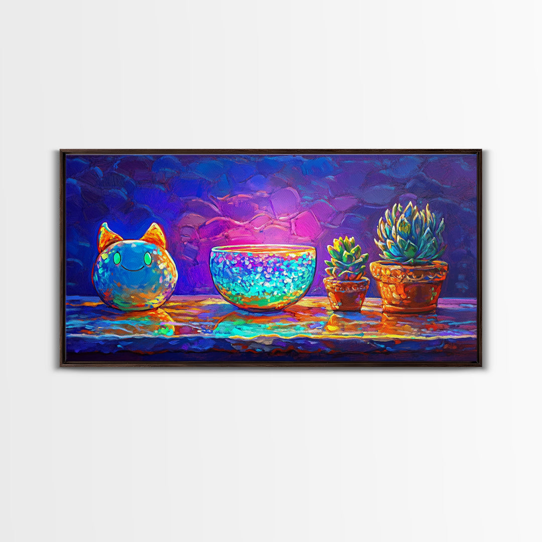 Cute Cat Figurine With Succulent Plants Wall Art, Colorful Still Life Canvas Print, Whimsical Home Decor, Plant Lover Gift