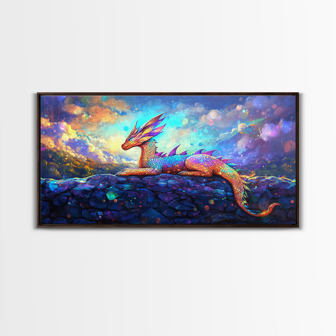 Rainbow Dragon Resting On Stone Wall Art, Whimsical Fantasy Creature Painting, Colorful Nursery Decor, Framed Canvas Print