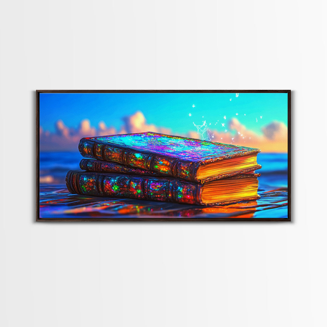 Glowing Iridescent Antique Books Canvas Print, Fantasy Library Wall Art, Book Lover Gift, Magical Reading Nook Home Decor