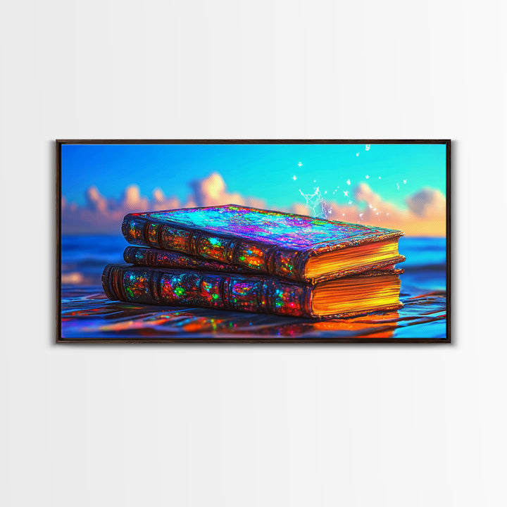 Glowing Iridescent Antique Books Canvas Print, Fantasy Library Wall Art, Book Lover Gift, Magical Reading Nook Home Decor