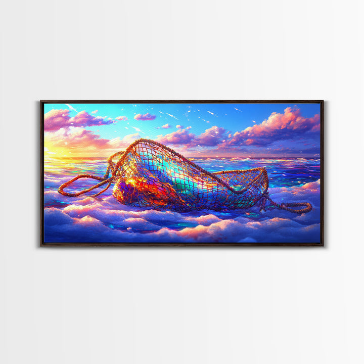 Iridescent Fishing Net On Sunset Beach Wall Art, Coastal Ocean Canvas Print, Nautical Decor, Beach House Living Room Art