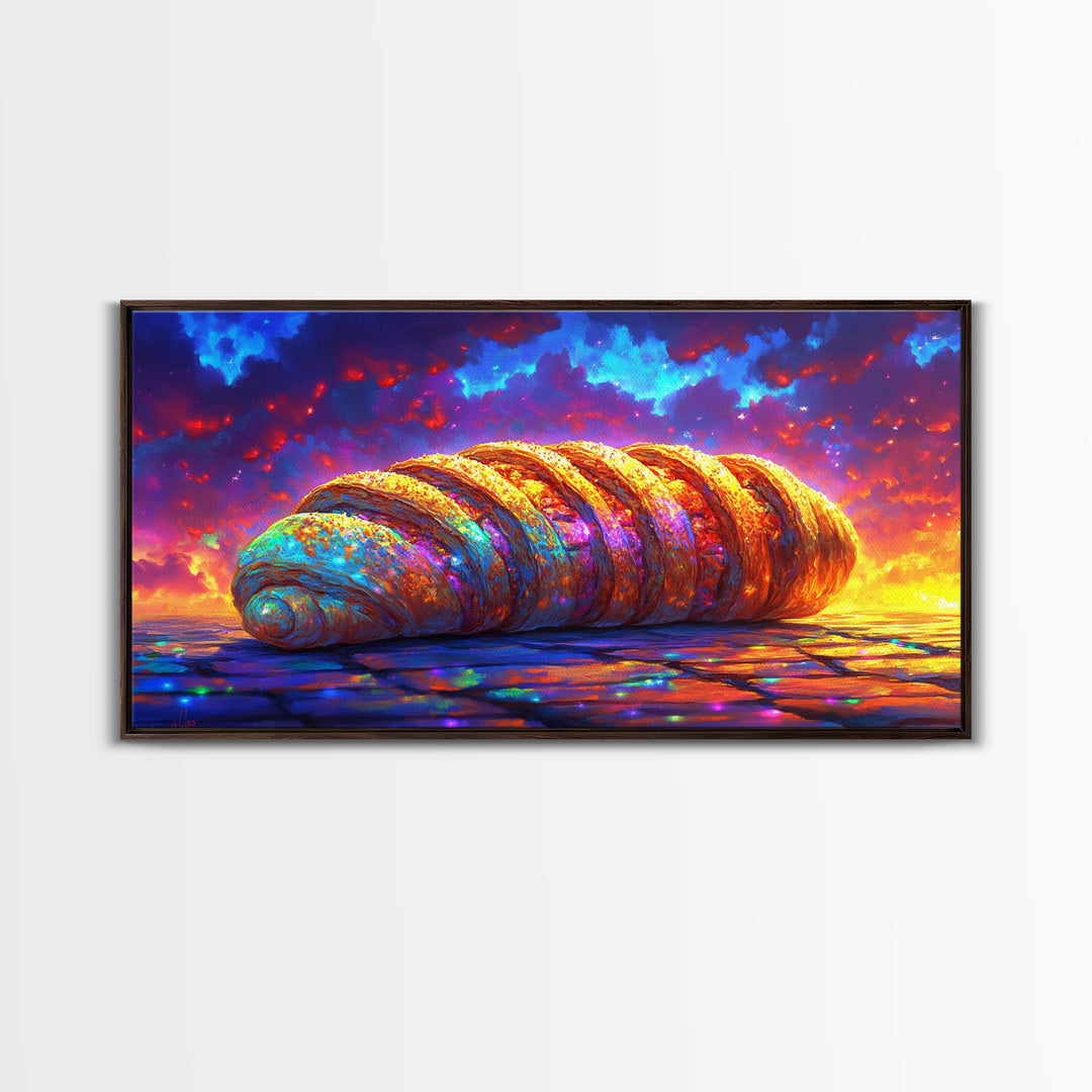 Golden Croissant Pastry At Dramatic Sunset Canvas Print, Bakery Wall Art, French Kitchen Decor, Foodie Gift, Cafe Poster