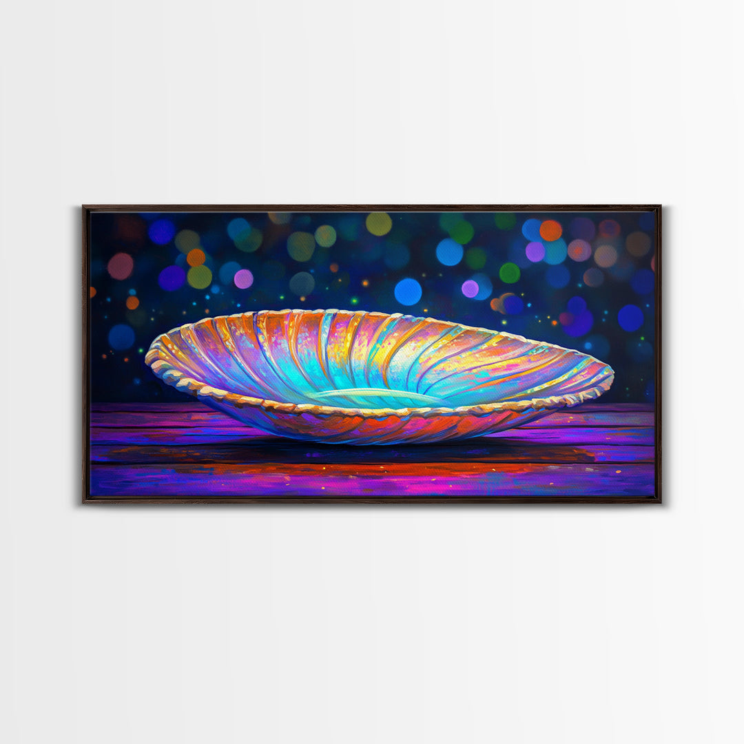 Iridescent Seashell Dish On Wooden Table Canvas Print, Coastal Wall Art, Ocean Decor, Nautical Home Decor, Beach House Gift