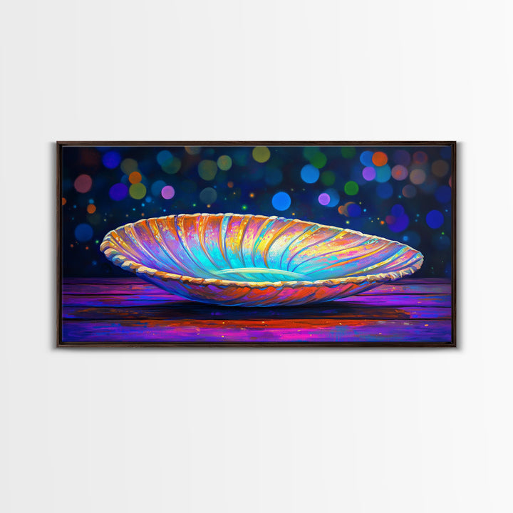 Iridescent Seashell Dish On Wooden Table Canvas Print, Coastal Wall Art, Ocean Decor, Nautical Home Decor, Beach House Gift