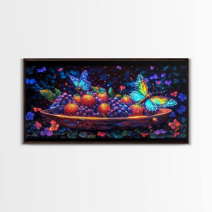 Butterflies Over Glowing Berries In Wooden Bowl Canvas Print, Whimsical Wall Art, Botanical Decor, Colorful Nature Gift