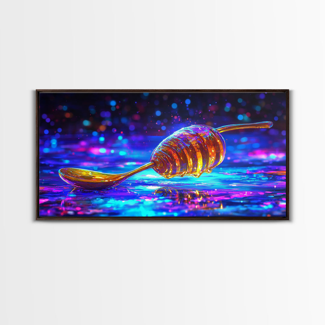 Neon Honey Dipper With Golden Drizzle Wall Art, Colorful Kitchen Decor, Food Lover Gift, Modern Canvas Print, Dining Room Prints