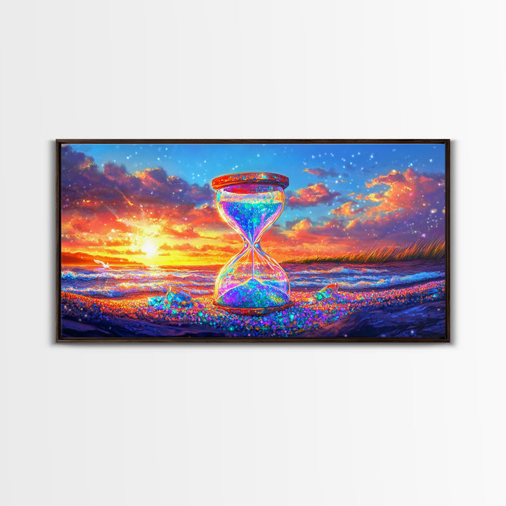 Sparkling Hourglass On Sunset Beach Canvas Print, Coastal Wall Art, Surreal Seascape Decor, Ocean Lover Gift For Her, Living Room Decor