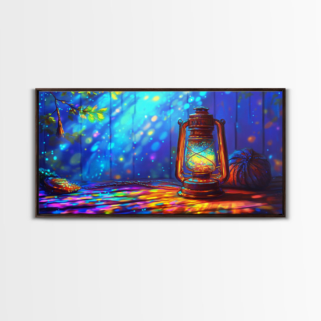 Glowing Camping Lantern In Blue Forest Canvas Print, Rustic Cabin Wall Art, Cozy Wall Decor, Nature Art, Outdoor Decor, Camping Gift
