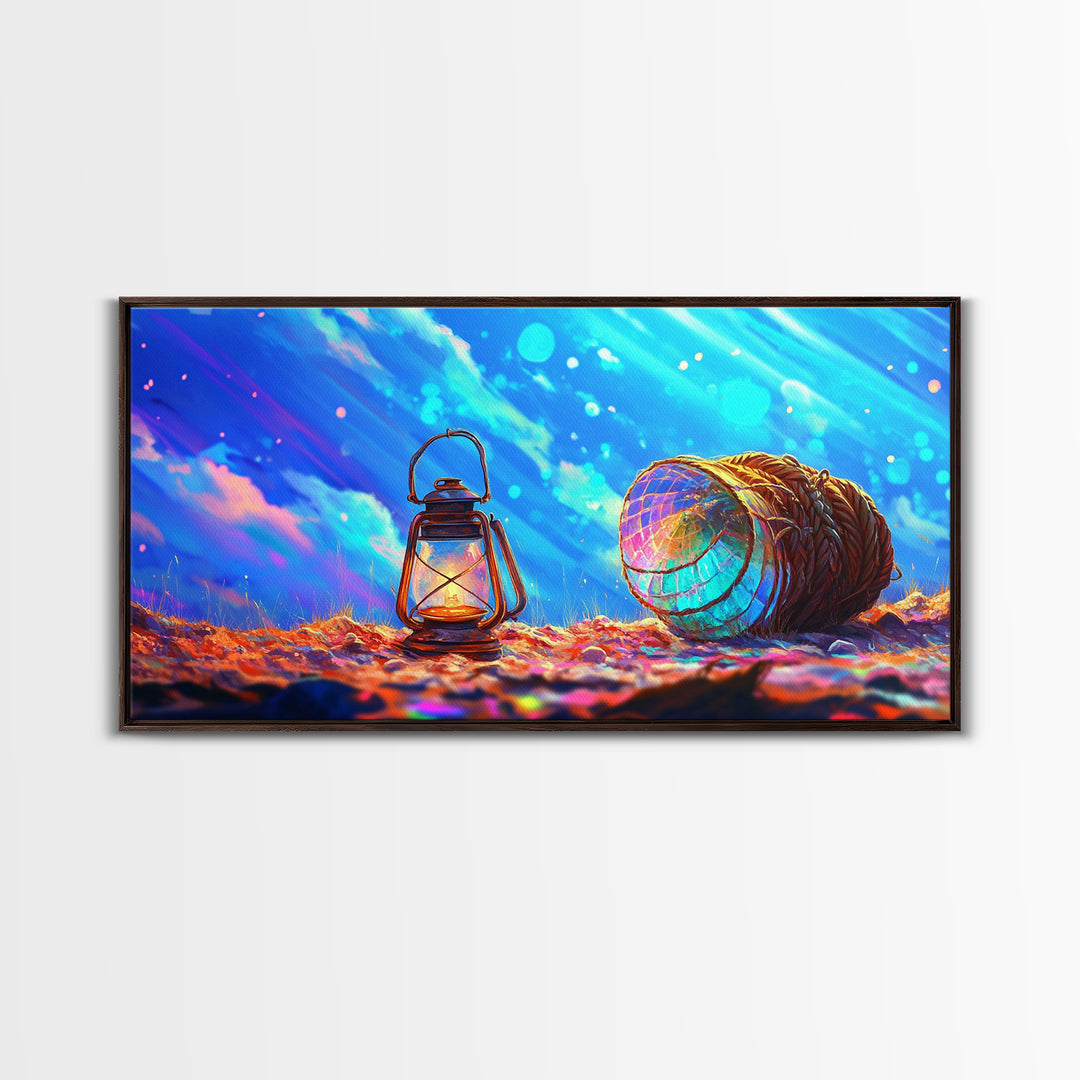 Glowing Lantern And Lobster Trap Canvas Print, Coastal Wall Art, Nautical Beach House Decor, Ocean Gift For Her, Modern Seascape Home Decor