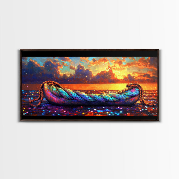 Rainbow Rope Boat At Sunset Framed Canvas Print, Coastal Wall Art, Nautical Ocean Decor, Beach House Living Room Art, Large Seascape Gift
