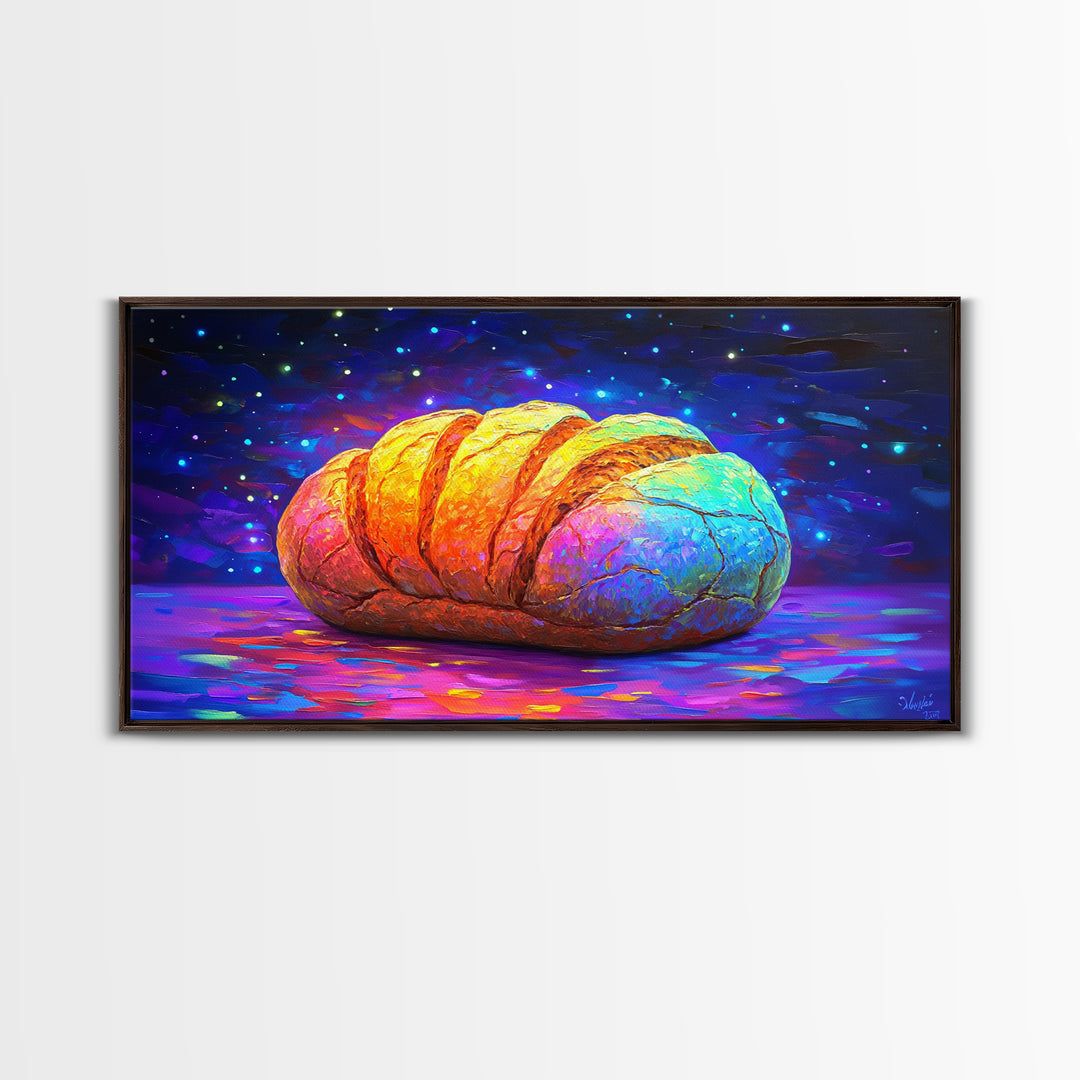 Glowing Croissant Pastry Under Starry Sky Canvas Print, Bakery Wall Art, Kitchen Decor, French Patisserie Gift For Foodie