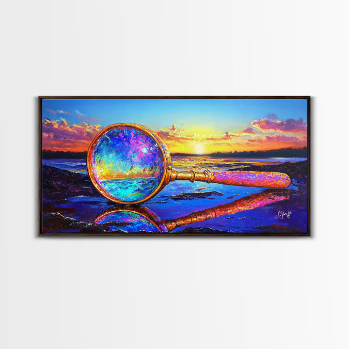 Magnifying Glass At Beach Sunset Wall Art, Coastal Canvas Print, Ocean Decor, Nautical Landscape Art For Study Or Office