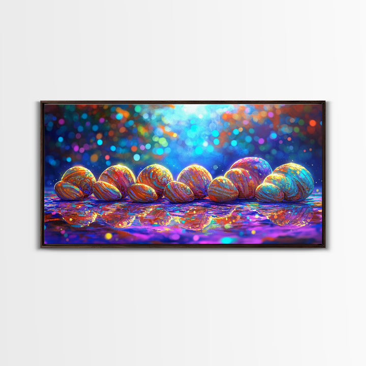 Rainbow Seashells On Shore Wall Art, Coastal Canvas Print, Beach House Decor, Ocean Nursery Art, Nautical Bathroom Decor Gift
