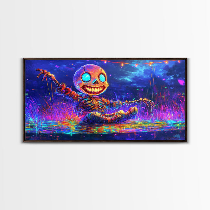 Neon Skeleton Doll In Moonlit Marsh Canvas Print, Halloween Wall Art, Gothic Decor, Whimsical Art, Spooky Kids Room Decor