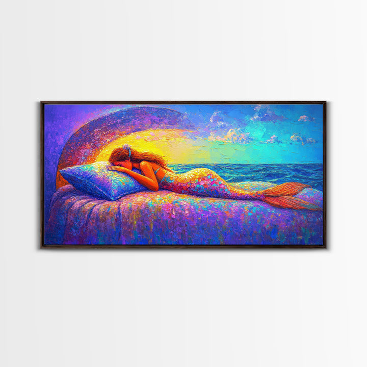Sleeping Mermaid By Ocean Window Framed Canvas Print, Fantasy Wall Art, Coastal Bedroom Decor, Beach House Decor Gift For Her