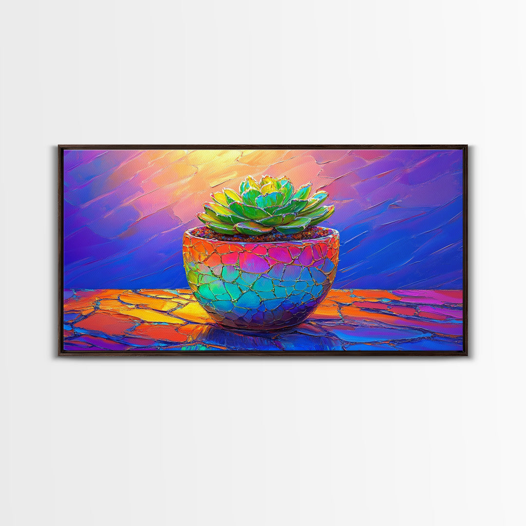 Mosaic Succulent In Rainbow Ceramic Pot Framed Canvas Print, Botanical Wall Art, Colorful Home Decor, Boho Plant Art Gift