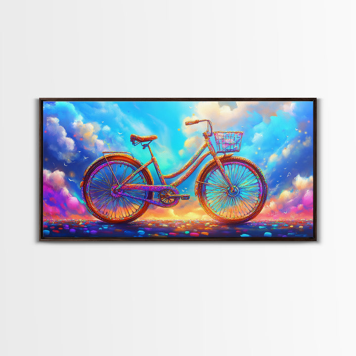 Rainbow Cruiser Bicycle Under Dreamy Clouds Canvas Print, Whimsical Wall Art, Kids Room Decor, Colorful Nursery Art Gift