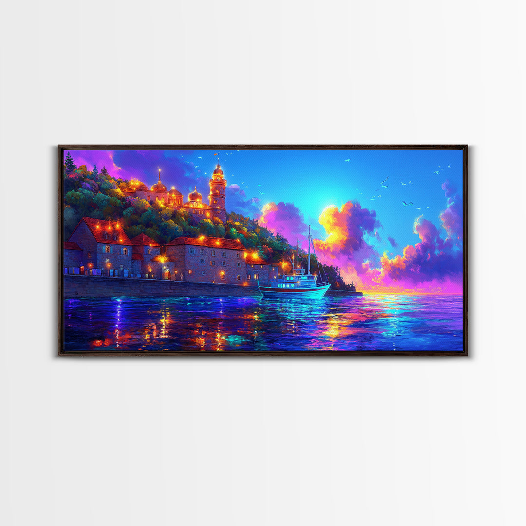 Sunset Harbor Village And Sailboat Canvas Print, Coastal Wall Art, Mediterranean Decor, Travel Poster, Living Room Art Print