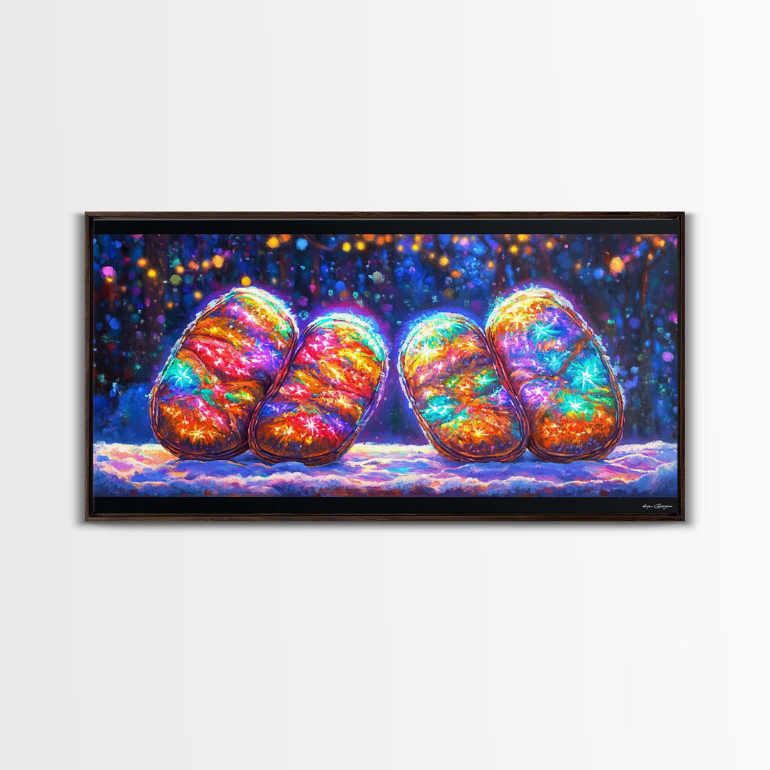 Glowing Rainbow River Stones Under Fairy Lights Canvas Print, Whimsical Wall Art, Dopamine Decor, Colorful Abstract Art Print