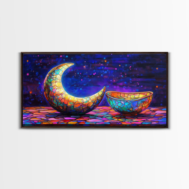 Mosaic Crescent Moon And Bowl Wall Art, Celestial Night Sky Decor, Mystical Boho Canvas, Gift For Her Home Decor, Moon Phase Art