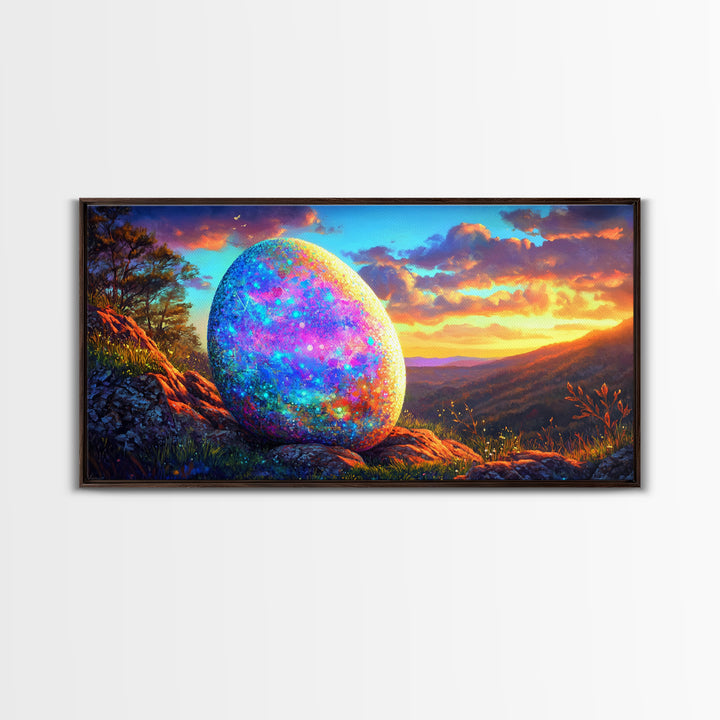 Glittering Easter Egg Mountain Sunset Canvas Print, Whimsical Wall Art, Spring Decor, Fantasy Landscape, Colorful Wall Art