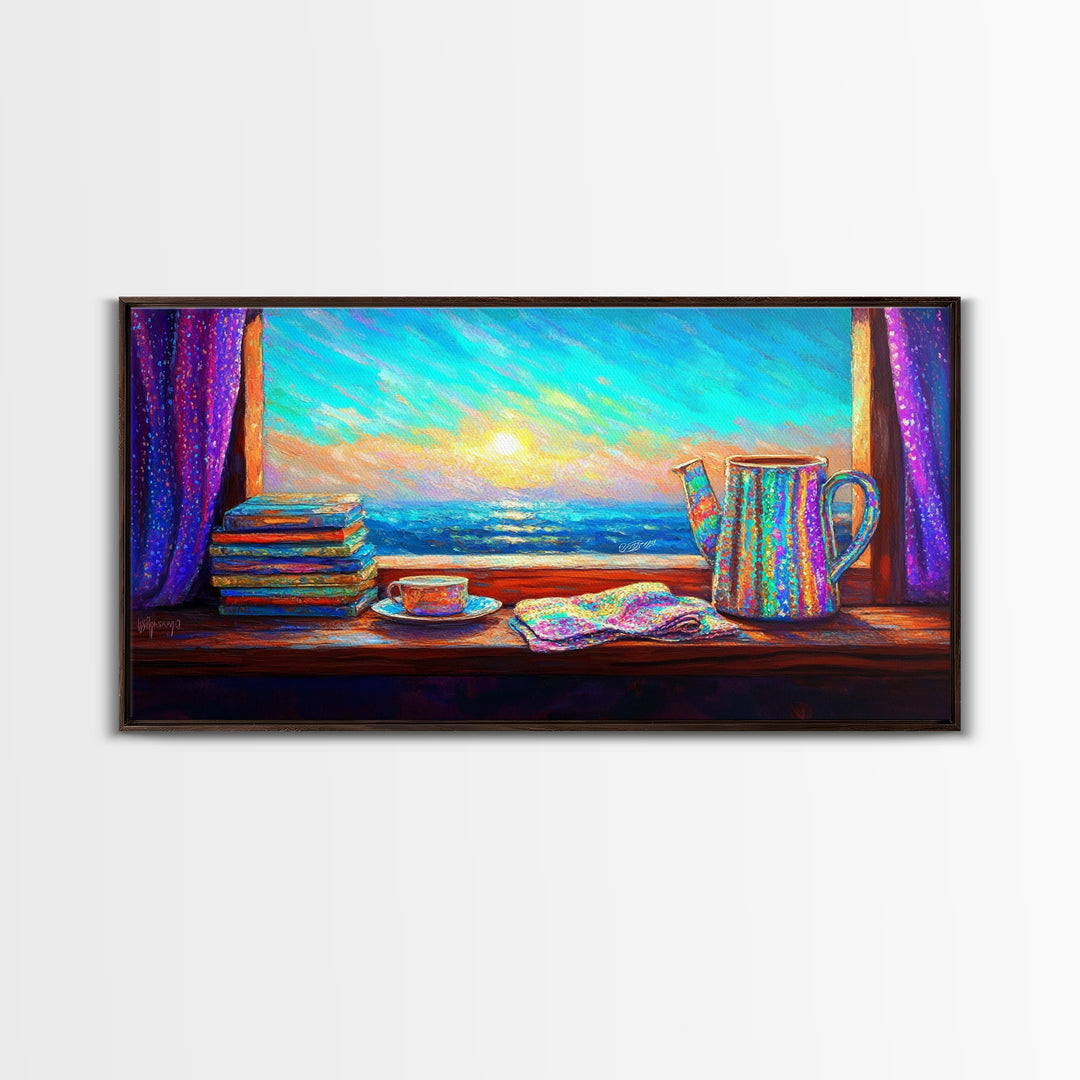 Ocean View Books And Tea By Window Canvas Print, Coastal Wall Art, Reading Nook Decor, Beach House Decor, Cozy Wall Art For Her