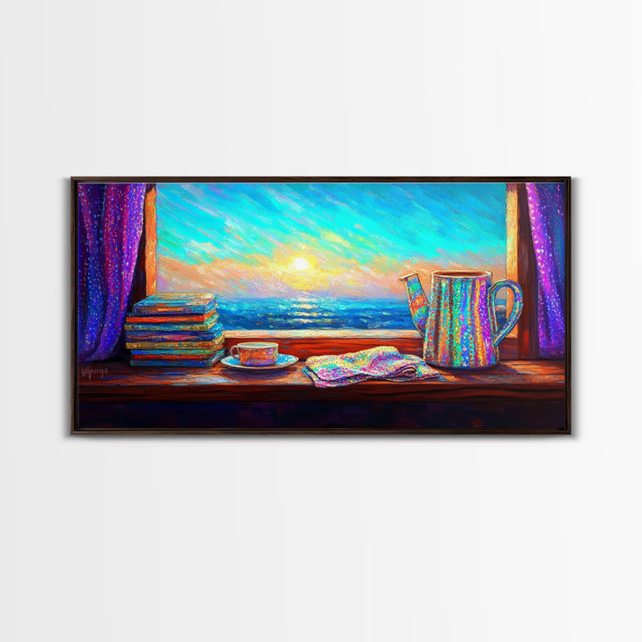 Ocean View Books And Tea By Window Canvas Print, Coastal Wall Art, Reading Nook Decor, Beach House Decor, Cozy Wall Art For Her