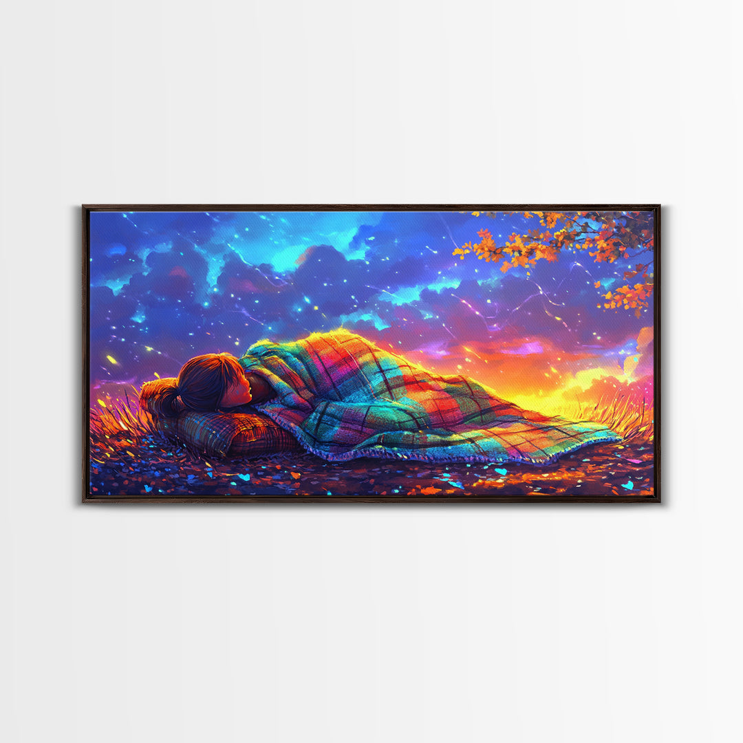 Sleeping Under Rainbow Blanket At Sunset Framed Canvas Print, Cozy Wall Art For Bedroom Decor, Calming Landscape Wall Art