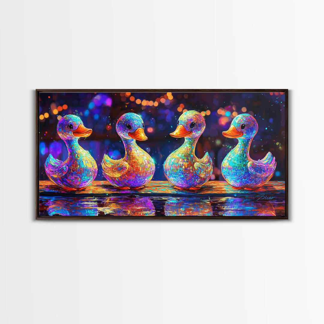 Four Rainbow Rubber Ducks In A Row Canvas Print, Whimsical Animal Wall Art For Bathroom Decor And Kids Room Decor Gift Idea