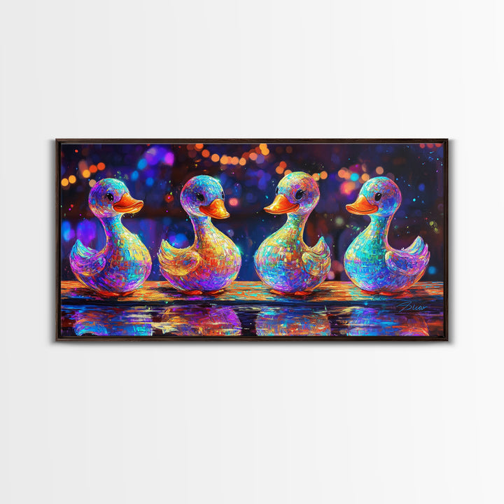 Four Rainbow Rubber Ducks In A Row Canvas Print, Whimsical Animal Wall Art For Bathroom Decor And Kids Room Decor Gift Idea