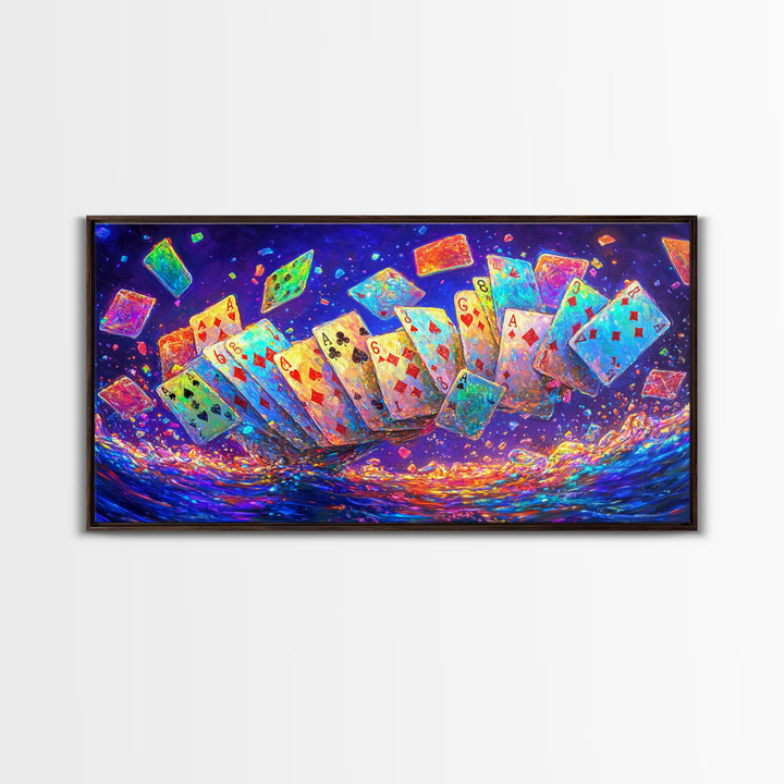 Exploding Neon Playing Cards Canvas Print, Game Room Wall Art, Poker Wall Art, Man Cave Decor, Maximalist Home Decor Gift
