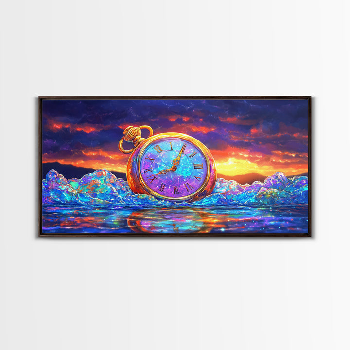 Golden Pocket Watch In Icy Sea Framed Canvas Print, Surreal Wall Art, Steampunk Decor, Time Traveler Fantasy Art Home Decor Gift