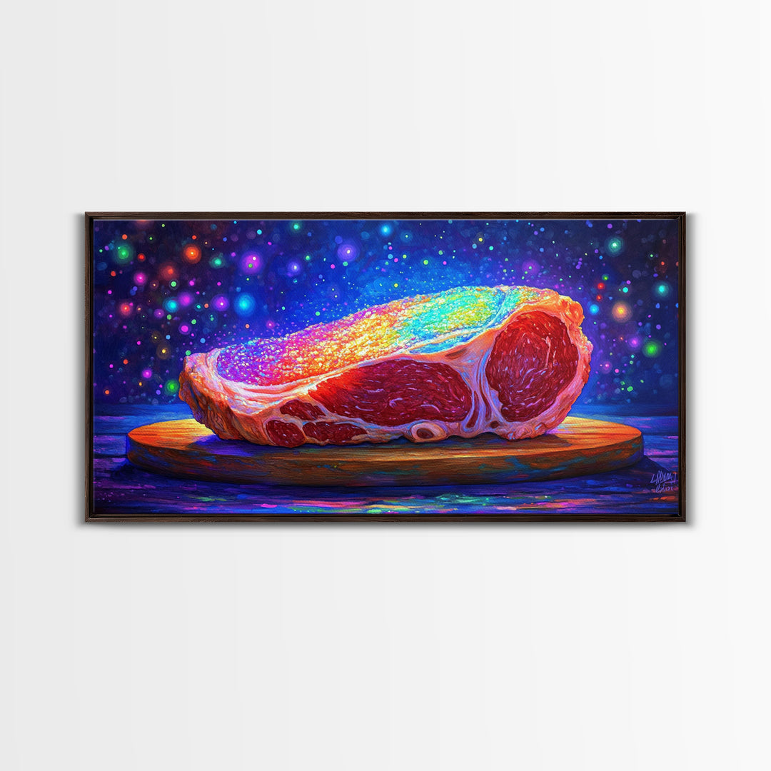 Rainbow Steak On Wooden Board Canvas Print, Bold Food Wall Art, Kitchen Decor, Restaurant Poster, Gift For Chef Or Foodie